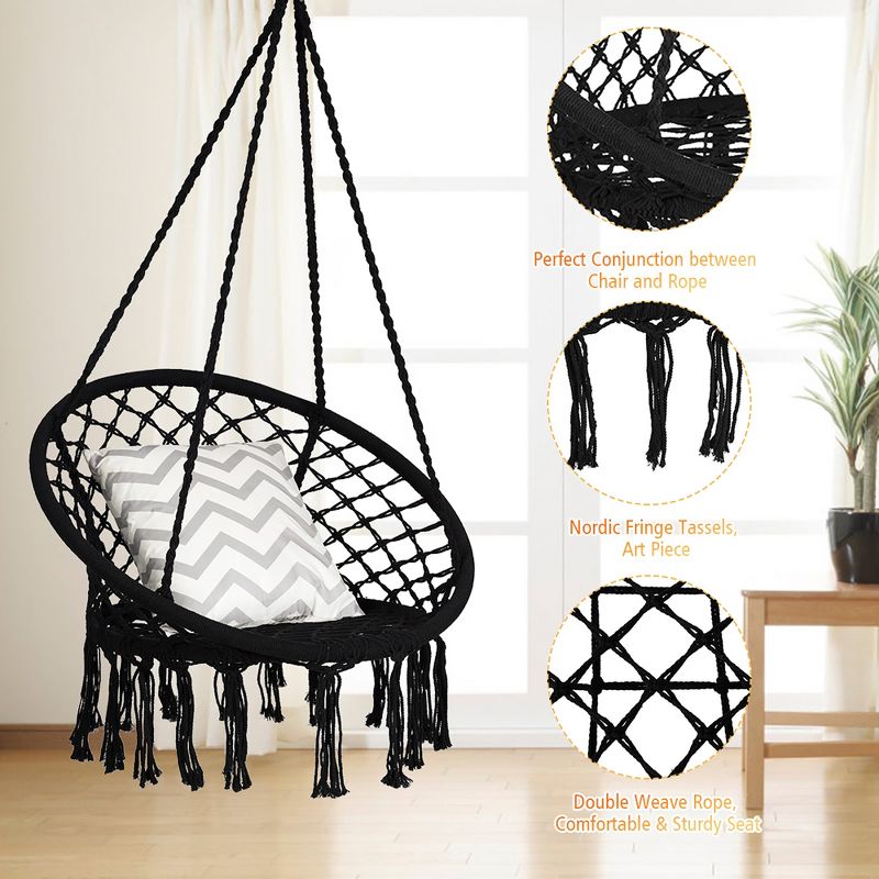 Costway Hanging Hammock Chair Macrame Swing Handwoven Cotton Backrest Garden Grey\ Black, 2 of 10