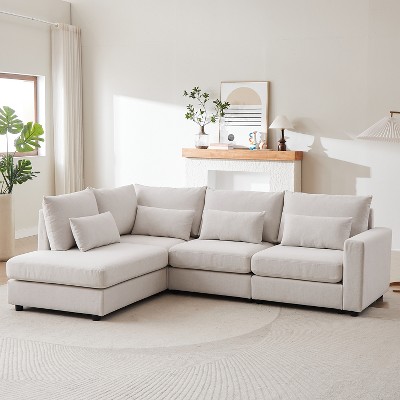 TIRAMISUBEST 4-Piece L-Shaped Sectional Sofa with 4 Lumbar Pillows, Convertible Linen Couch with Ottoman