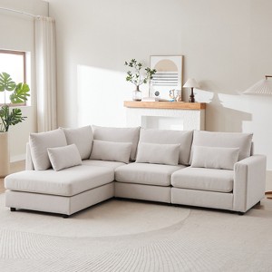 TIRAMISUBEST 4-Piece L-Shaped Sectional Sofa with 4 Lumbar Pillows, Convertible Linen Couch with Ottoman - 1 of 4