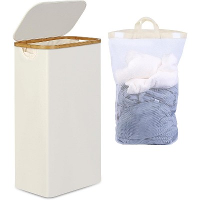 Laundry Basket with Lid, Narrow Laundry Hamper with Removable Bag, Skinny Dirty Clothes Basket with Bamboo Handles