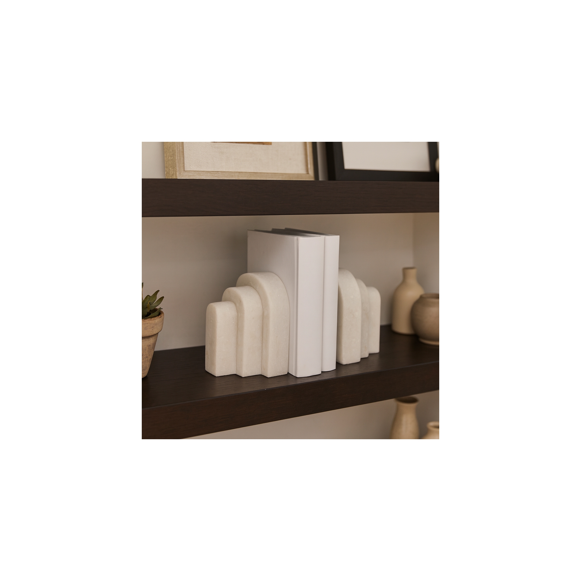 Marble Layered Arch Bookends for Shelves - Cute Book Ends for Office Desk Decor, Home Library, or Bedroom Decoration - Set of 2, 6", White