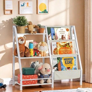 Infurnic Decorative Bookshelf Kids Bookshelf Book Shelf with Side Pocket, 4 Tier Sling Bookcase Toy Organizer Toddler Nursery Book Shelves, White, - 1 of 4
