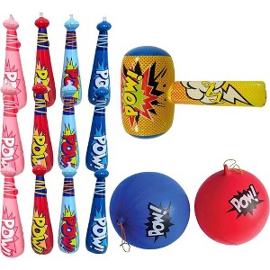 25 Pc Set: Inflatable Baseball Bats (12), Superhero Punch Balloons (12), 30" Bopper Inflate (1) - Superhero Party Favors by 4E's Novelty - 1 of 4