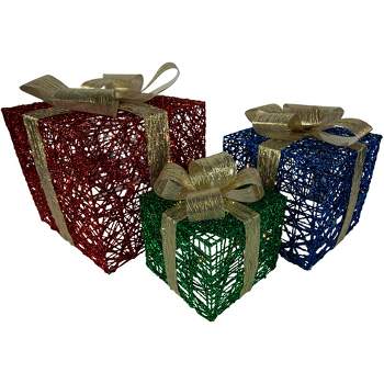 Northlight Set of 3 Lighted Red, Blue and Green Gift Boxes Christmas Decorations 9.75"