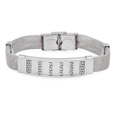 Steeltime Men's stainless steel mesh id bracelet with Greek key accent