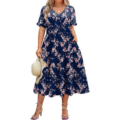 ladies sun dresses size 16 Zeagoo Womens Plus Short Sleeve Dress Summer Midi Casual Tiered V-Neck Aline Flowy Loose with Pockets XH400 18Plus Size AW-PD-10985