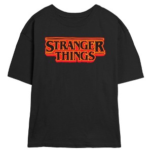 Juniors Womens Stranger Things Outline Neon Orange Logo T Shirt - 1 of 4