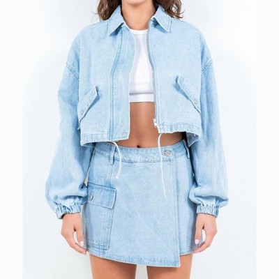 Women's Cropped Denim Jacket With Drawstring - American Bazi