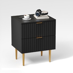 Modern Nightstand with USB Charging Station, Gold & Wood Fluted Bedside Night Stand with 2 Drawers, USB Ports & Outlets - 1 of 4