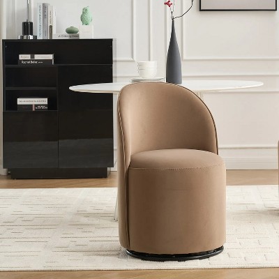 Brown Mid-Century Modern Round Velvet Dining Chair, 360 Degree Swivel Comfort Armless Makeup Vanity Side Chair