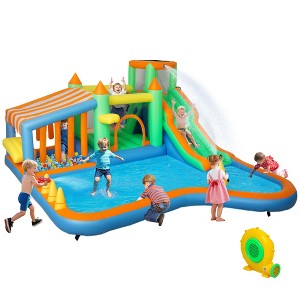 Qaba 8 in 1 Inflatable Bounce House with Water Slide, Splash Pool, 550W Blower, Ball Pit, Water Cannon, Climbing Wall, Toss Ring, Basketball Hoop - 1 of 4