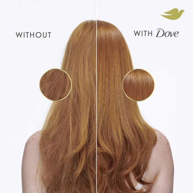 A comparison image showcasing a woman's back view with red hair. The left side labeled "Without" shows frizzy, unkempt hair, while the right side labeled "With Dove" displays smooth, shiny, and well-managed hair.