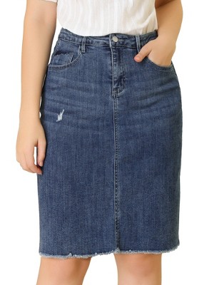 INSPIRE CHIC Women's Basic Distressed High Waist Ripped Hem Washed Jeans Skirt