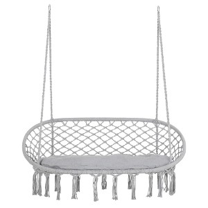 2-Person Macrame Porch Swing Chair with Cushion, Boho Hanging Swing Seat for Indoor/Outdoor Use - 1 of 4