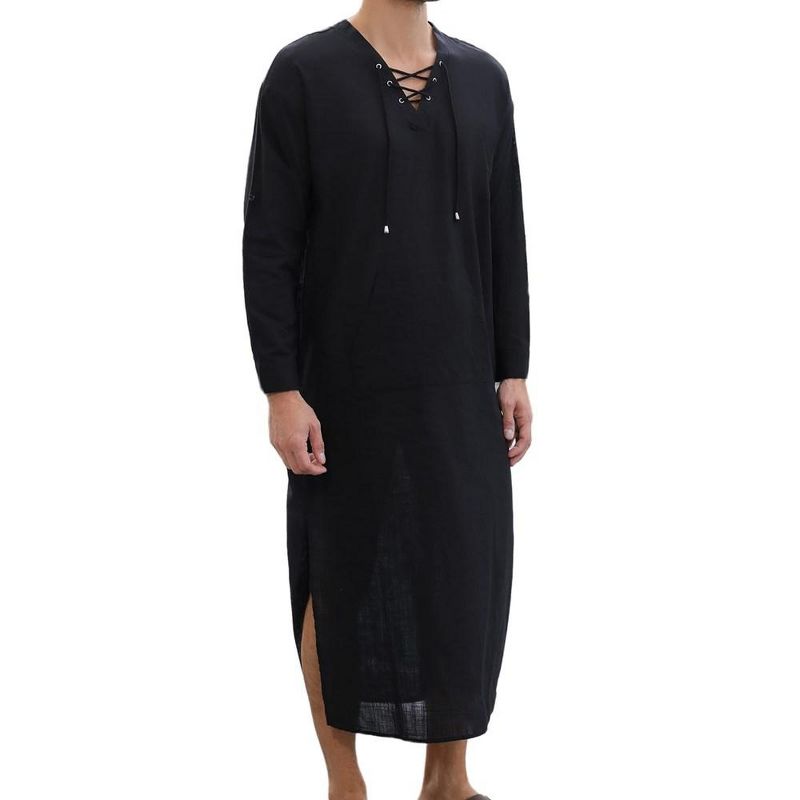 Men's Long Sleeve Kaftan Thobe Casual Lace up Robe Side Split Long Gown Linen Shirt with Pockets Black L, 4 of 7