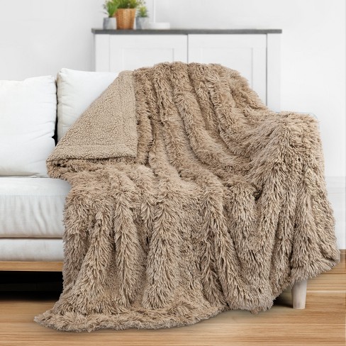 Pavilia Fluffy Faux Fur Reversible Throw Blanket For Bed, Sofa, And Couch,  Taupe/twin - 60x80 : Target