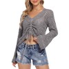 Drawstring Knitted Long Sleeve V Neck Blouse Women Adjustable Crochet Crop Tops - 4 of 4