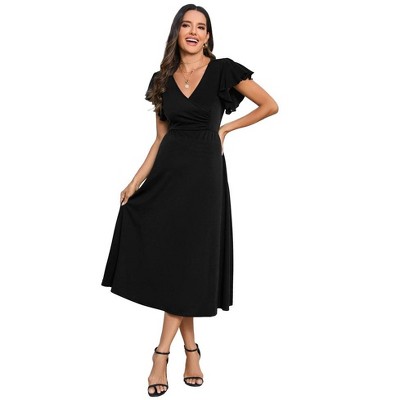 Maternity Dresses Womens Summer Casual Warp V Neck Ruffle Short Sleeve A Line Swing Midi Dress Babyshower Photoshoot Green S