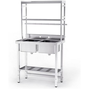 ROVSUN 67" 2-Compartment Commercial Sink with Shelves Over & Drying Rack Underneath, 304 Stainless Steel Sink Double Basin with Drain for Restaurant - 1 of 4