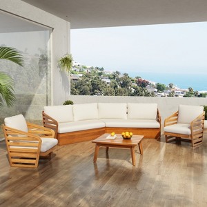 Christopher Knight Home Veyra Mid-Century Modern 4 Piece Patio Acacia Wood Slatted Seating Set with Cushions - 1 of 4