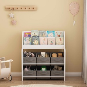 MAYEERTY Bookshelf with 6 Fabric Storage Bins, Multifunctional Children's Bookcase and Toy Organzier White - 1 of 4