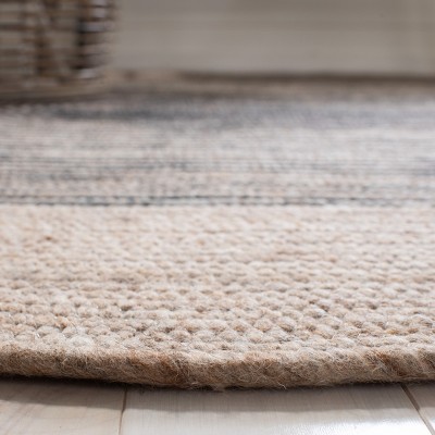 Handmade Beige and Black Geometric Wool Round Rug, 7'