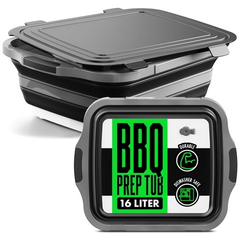 Modern Innovations Collapsible BBQ Prep Tub 16 L with Lid Drain Spout Cutting Board Marinating Grilling Tray Food Storage for Outdoor Cooking Camping Tailgating Kitchen