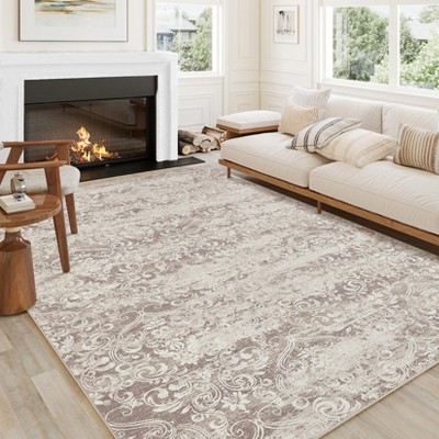 Soft Vintage Damask Distressed Large Bedroom Area Rug, Boho Abstract Non-Slip Indoor Rugs for Living Room Dining Room