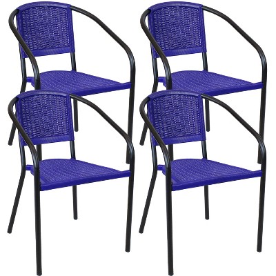 Sunnydaze Steel Frame and Polypropylene Seat and Back Aderes Outdoor Patio Arm Chair, Black Frame with Indigo Seat and Back, 4pk