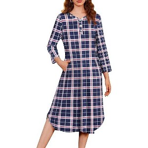 Ekouaer Womens Long Nightgowns Plaid Sleepwear Soft Loose Nightshirt 3/4 Sleeve Plus Size Housecoat with Button & Pockets - 1 of 4