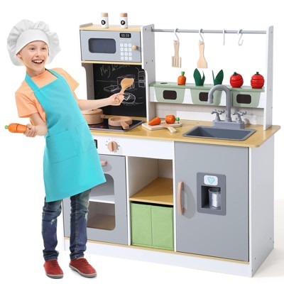 Wooden Play Kitchen for Kids with Lights, Sounds, and Toy Storage