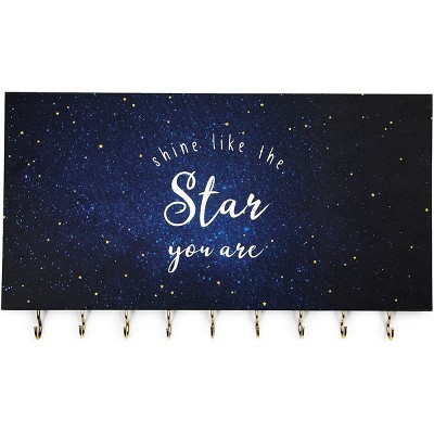 Farmlyn Creek Wall Mounted Jewelry Organizer & Hanger, Wooden Hanging Display Rack Decor with 9 Hooks, 14x8x1 in