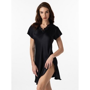 SilkSilky Women's Pure Silk Lace Neck Split Hem Nightgown - 1 of 4