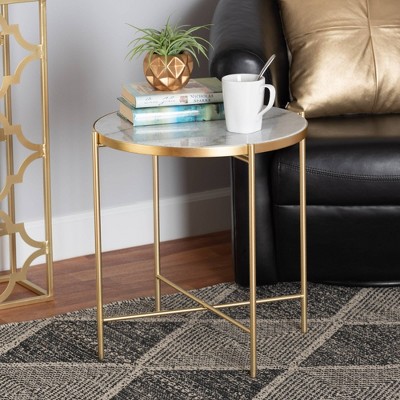 Maddock 19.3" Round White Marble and Gold Metal End Table