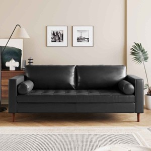 Mid-Century Modern Design 3-Seat Sofa for Living Room, Tufted Sofa with Bolster Pillows, PU Leather Couch with Wood Legs-Baofuwish - 1 of 4