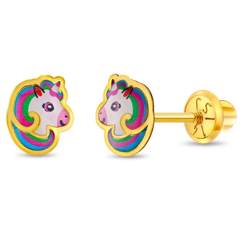 Girls' Rainbow Mane Unicorn Screw Back 14k Gold Earrings - In Season Jewelry, 1 of 8