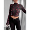 Women's Floral Bell Sleeve Crop Tops 70s Mesh Vinatge Western Country Concert Blouse  Lettuce Trim Mock Neck T Shirt - 2 of 4