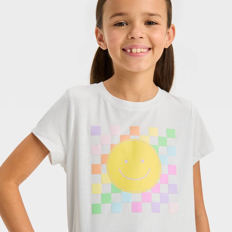 Girls&#39; Short Sleeve &#39;Checkerboard Smiley&#39; Graphic T-Shirt - Cat &#38; Jack&#8482; White, 3 of 5