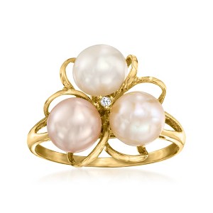 Ross-Simons 6.5-7mm Multicolored Cultured Pearl Flower Ring With Single Diamond in 18kt Gold Over Sterling - 1 of 4