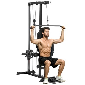 Soozier Lat Pull Down Machine Cable Station, High and Low Row Pulley System with Adjustable Seat and Flip-Up Footplate, Home Gym - 1 of 4