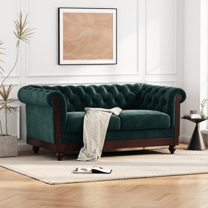 59" Chesterfield Velvet Loveseat with Tufted Buttons, Forest Green - 1 of 4