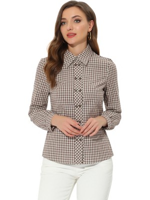 Allegra K Women's Turn Down Collar Plaid Button Up Long Sleeve Shirt