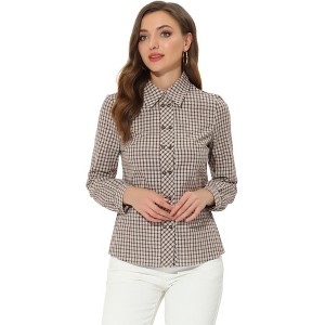 Allegra K Women's Turn Down Collar Plaid Button Up Long Sleeve Shirt - 1 of 4