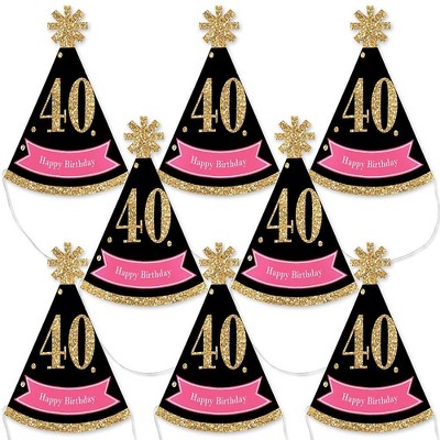 Big Dot of Happiness Chic 40th Birthday - Pink, Black and Gold - Mini Cone Birthday Party Hats - Small Little Party Hats - Set of 8