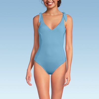 Lands' End Women's Chorine Resistant Tie Shoulder V-neck High Leg One Piece Swimsuit