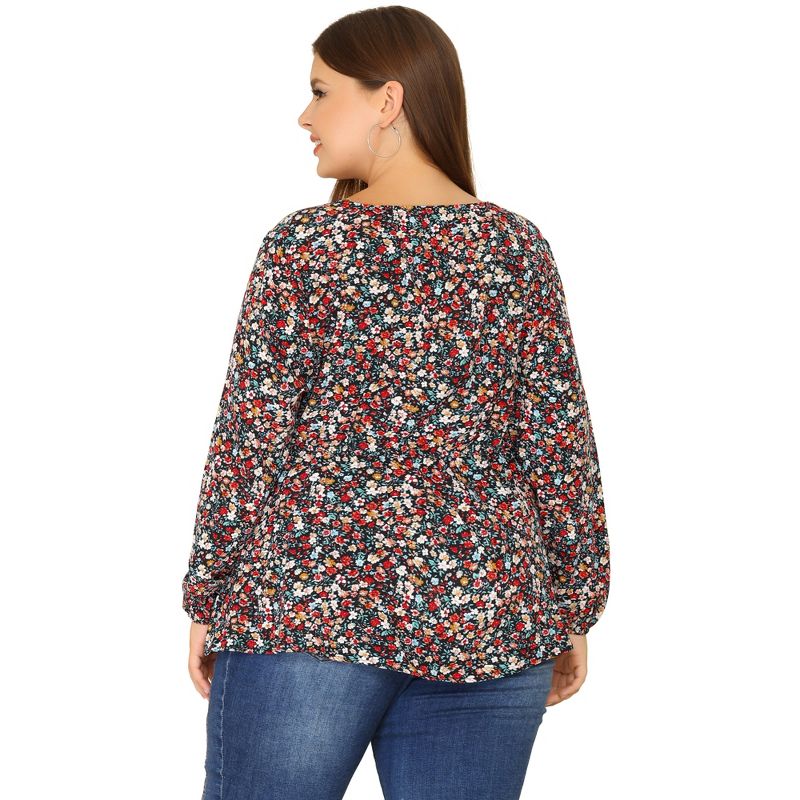 Agnes Orinda Women's Plus Size Round Neck Button Up Puff Floral Long Sleeve Casual Peplum Blouses, 4 of 6