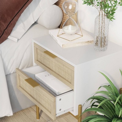 White and Gold 2-Drawer Rattan Nightstand Set