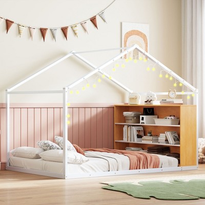 TiramisuBest Twin Size Metal Bed House Bed Frame with Shelves and Lights