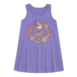 Girls' - Peanuts - Floral Peace Sign Woodstock Graphic Sleeveless Aline Dress - 1 of 4