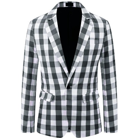 INSPIRE CHIC Men's Regular Fit Contrast Color Gingham Plaid Blazer Black White X-Large